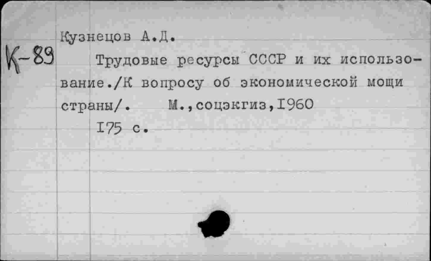 ﻿Кузнецов А.Д.
Трудовые ресурсы СССР и их использование./К вопросу об экономической мощи страны/. М.,соцэкгиз,1960
175 с.